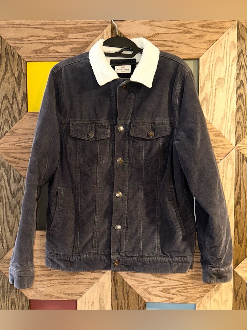 Marine Layer Boise Cord Sherpa-Lined Trucker Jacket Corduroy Blue Gray Sz M